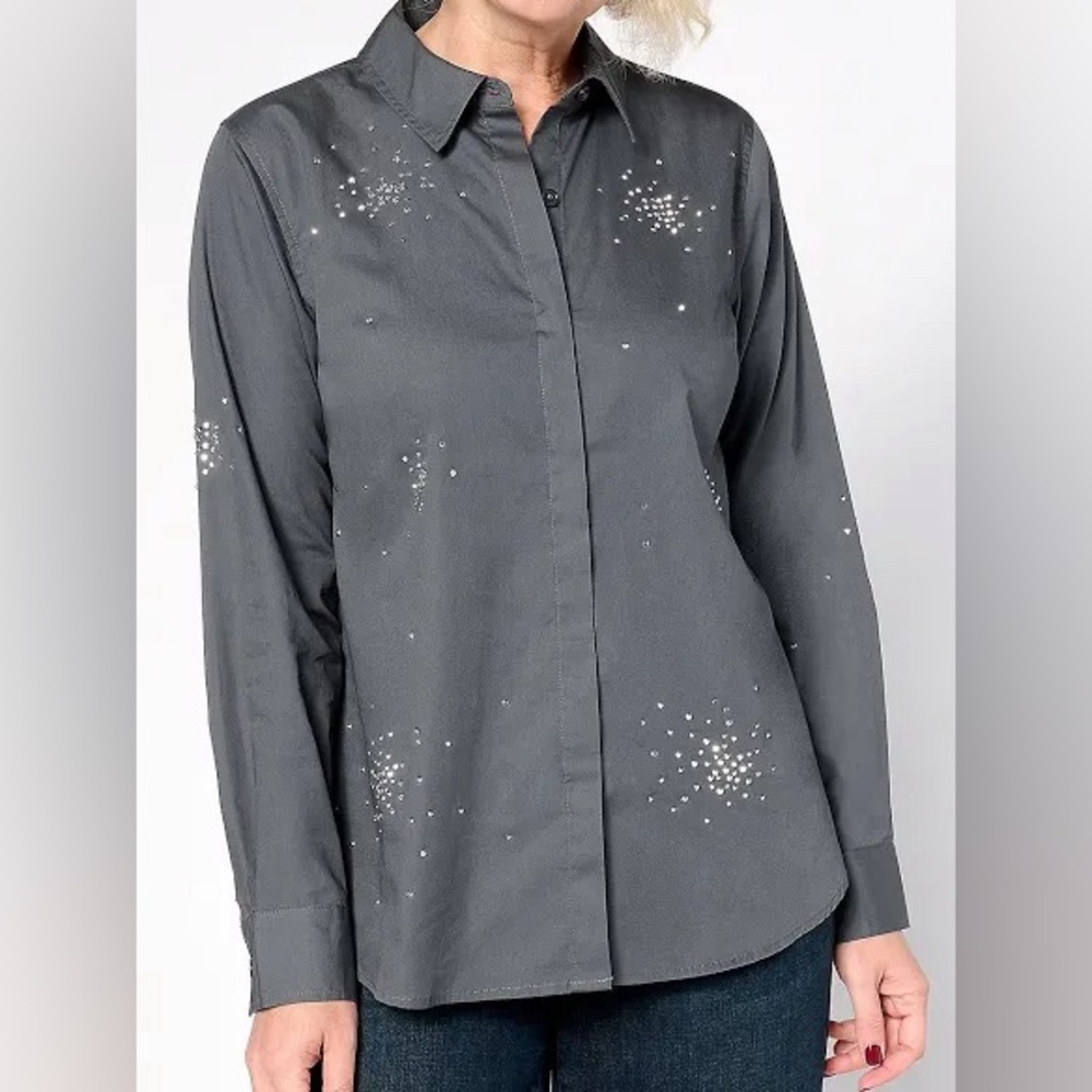 New Joan Rivers Red Carpet Stretch Cotton Starburst Stone Button Front Pewter 1X
